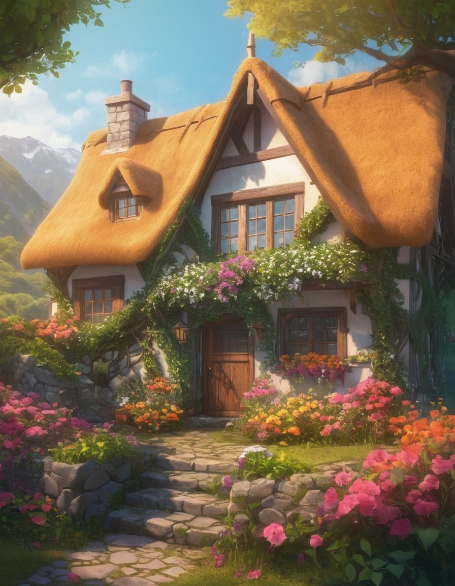 cottage, flowers, ivy, cozy, vibrant