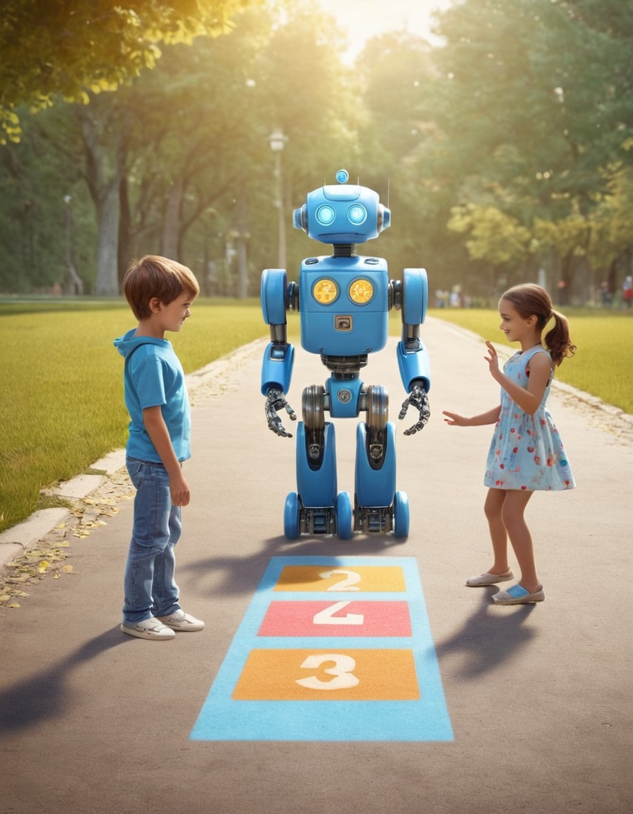 robot, children, hopscotch, playtime, artificial intelligence, interaction, fun