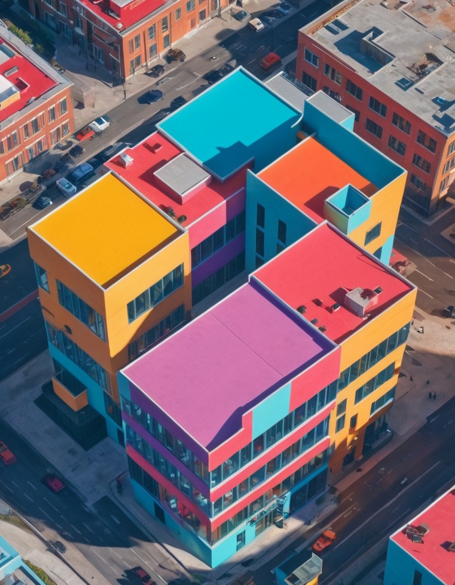 architecture, postmodern, building, geometric shapes, vibrant colors, aerial view