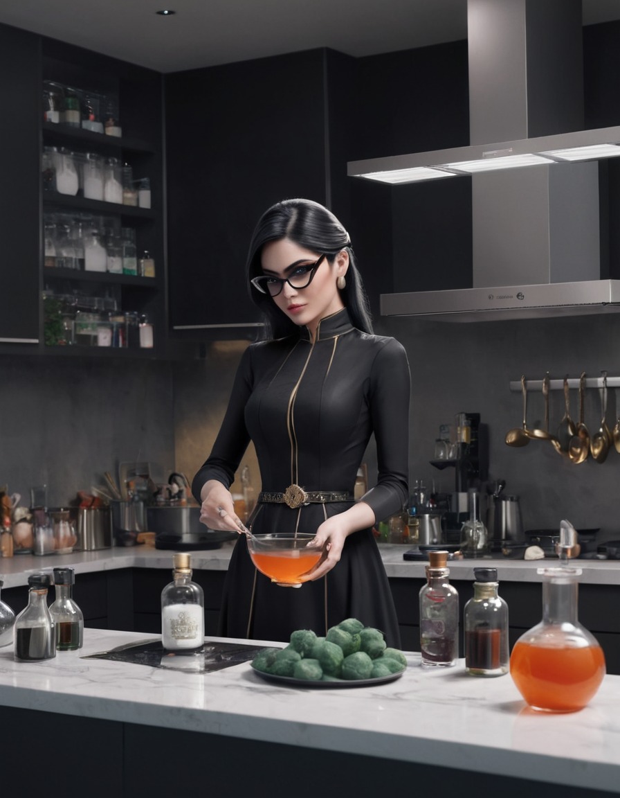 bayonetta, witch, potion brewing, magic, modern kitchen, games, girls from games