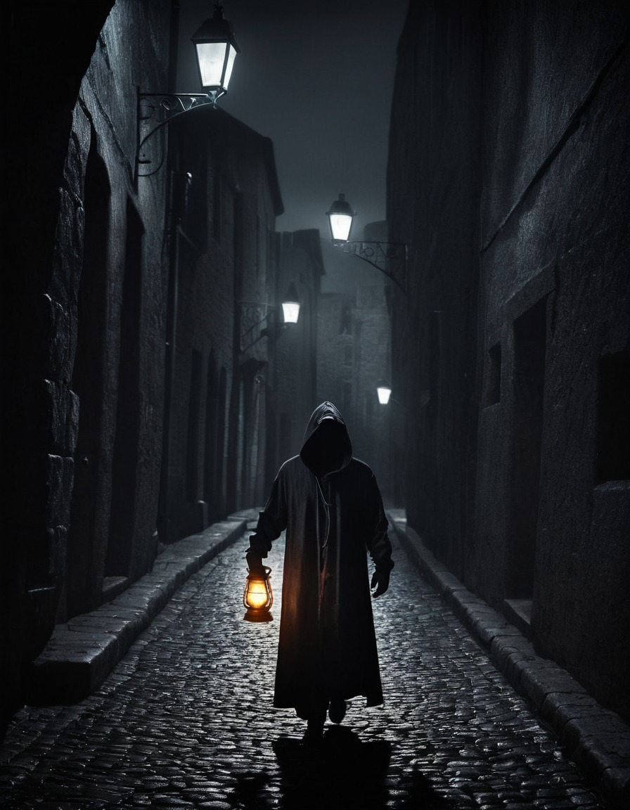 darkness, hooded figure, lantern, cobblestone street, mysterious, nighttime, gothic, underground, dark