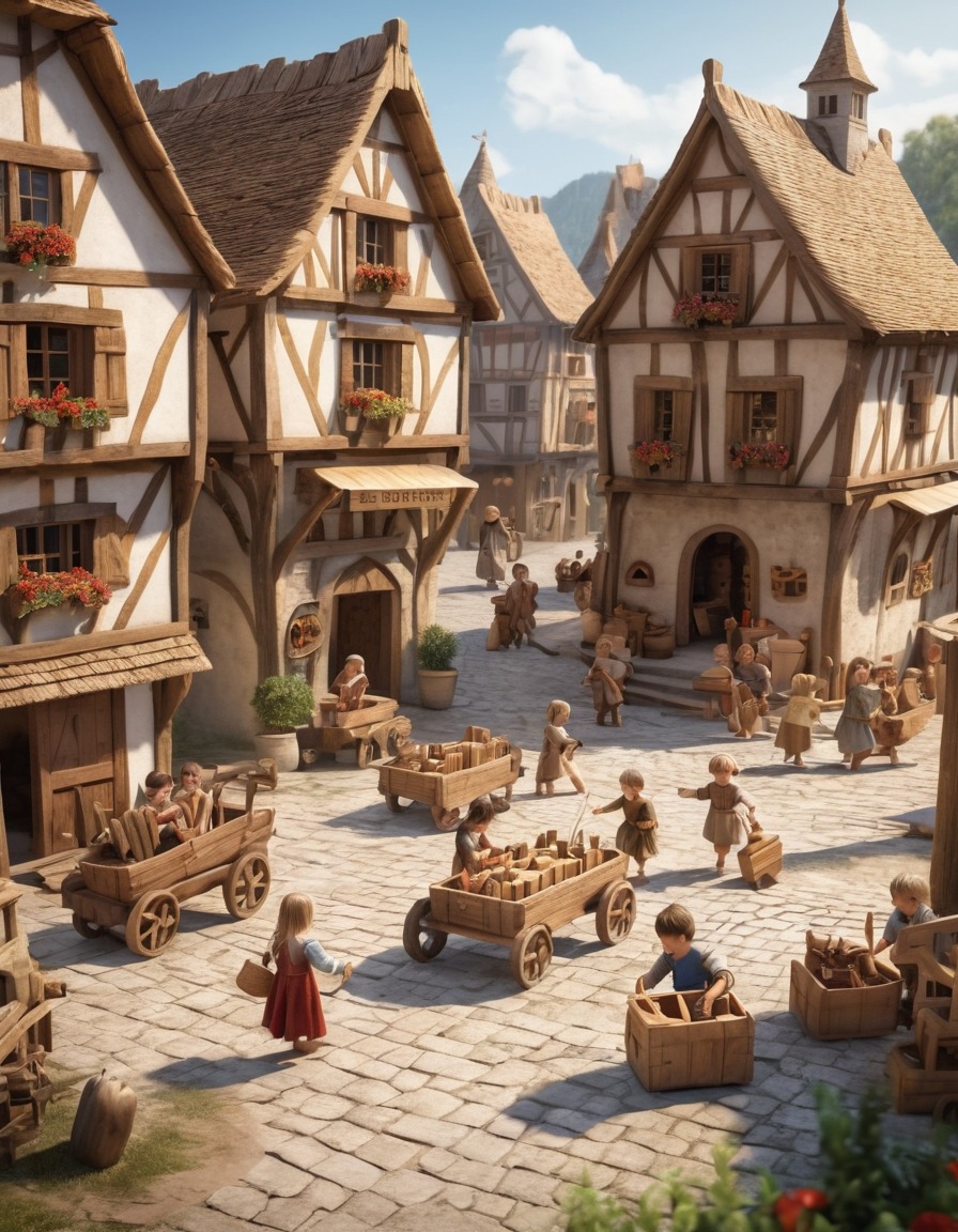 children, wooden toys, village square, medieval europe, 900 ad