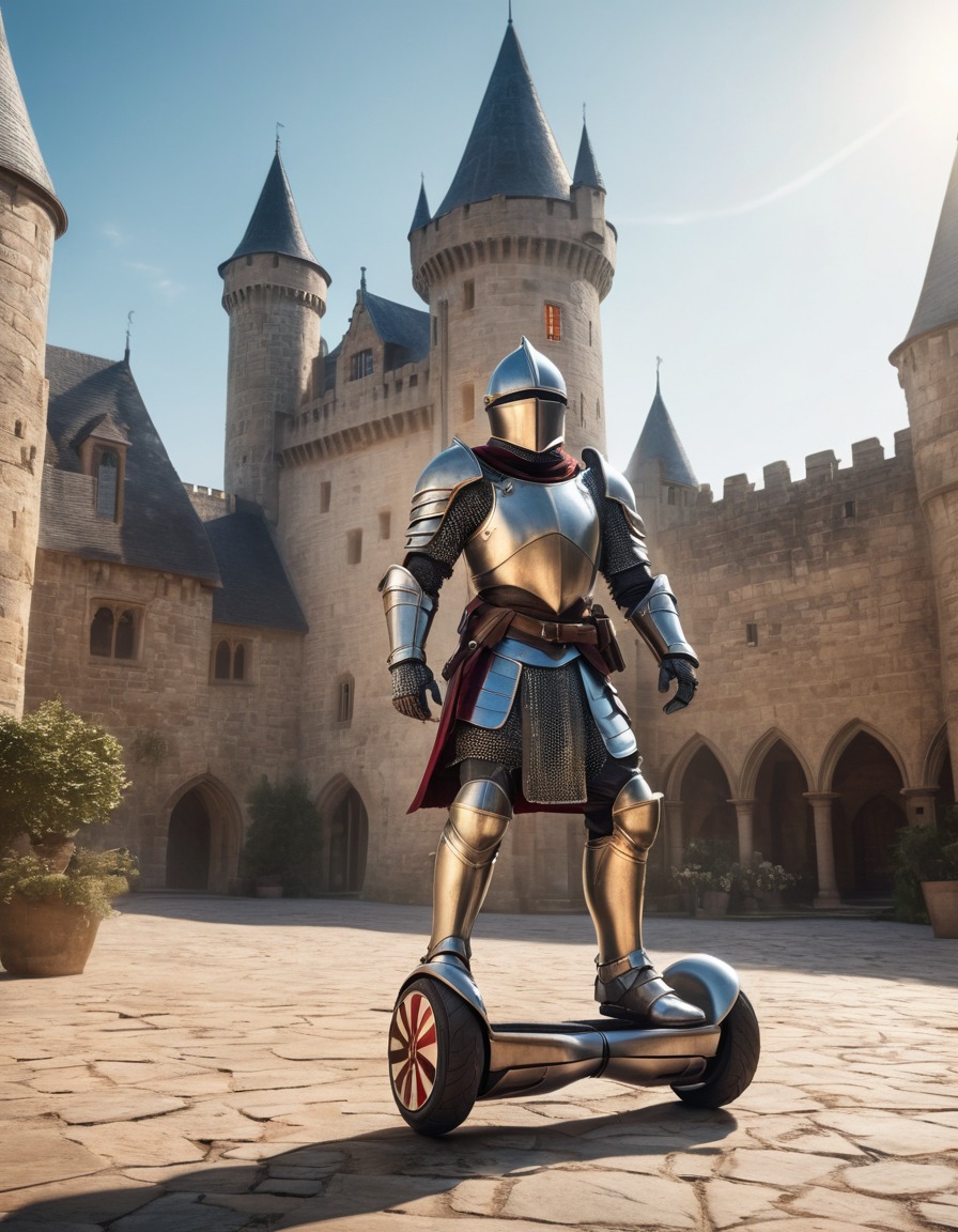 knight, armor, hoverboard, medieval, castle, courtyard, art