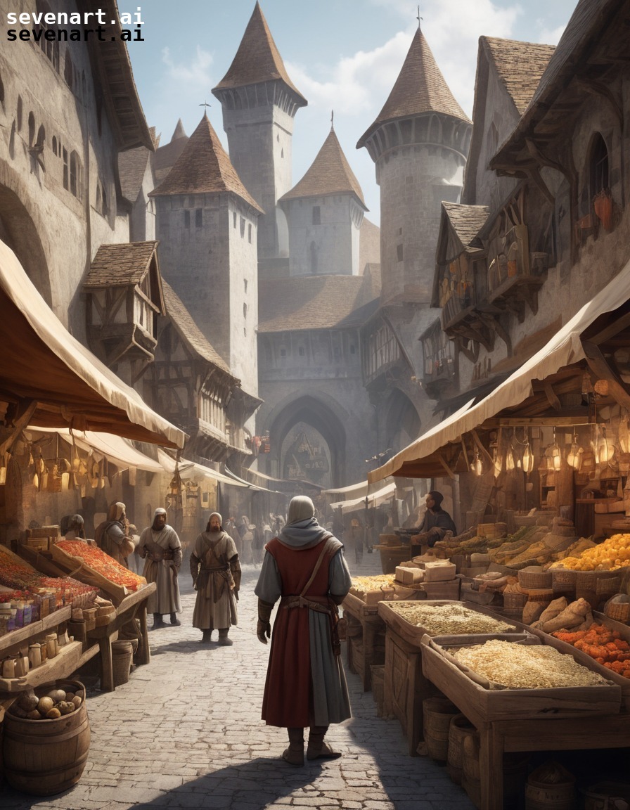 medieval, market, merchant, goods, bustling, middle ages