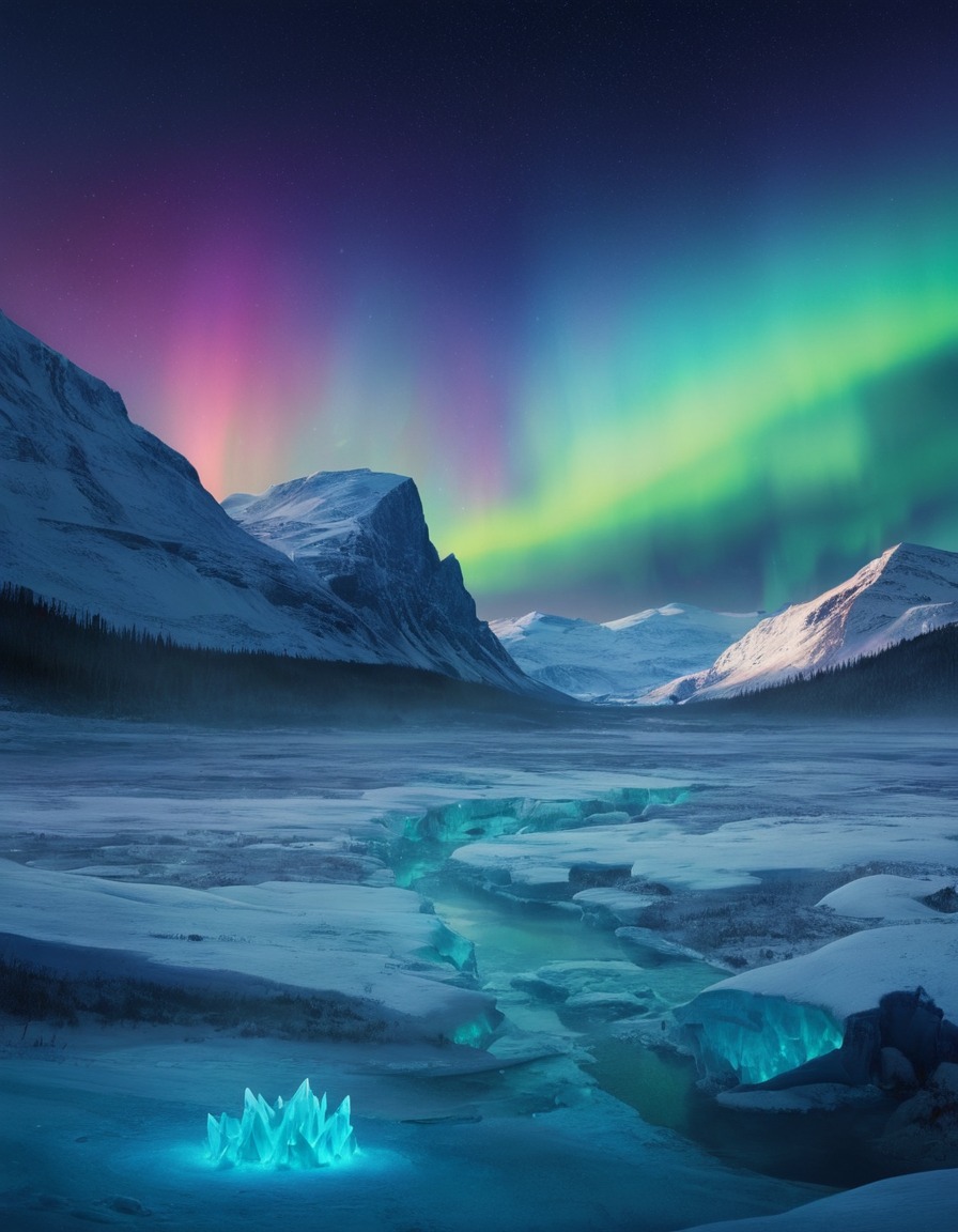 frozen, tundra, ice creatures, aurora borealis, otherworldly, fantastic