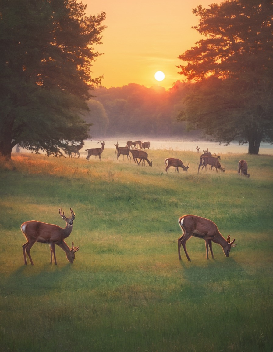 nature, wildlife, deer, meadow, sunset