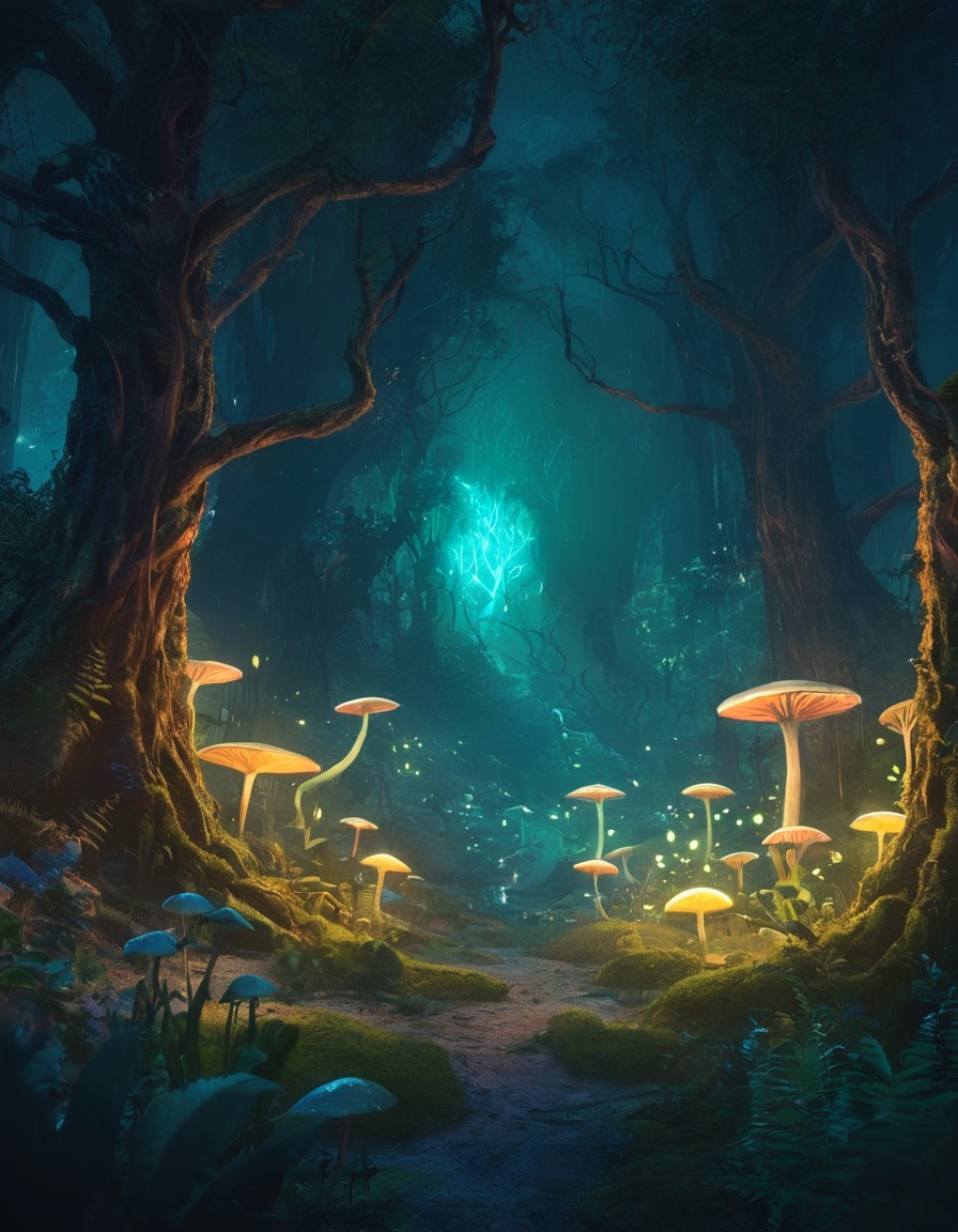 magical, forest, talking animals, glowing plants, enchanting, fantastic