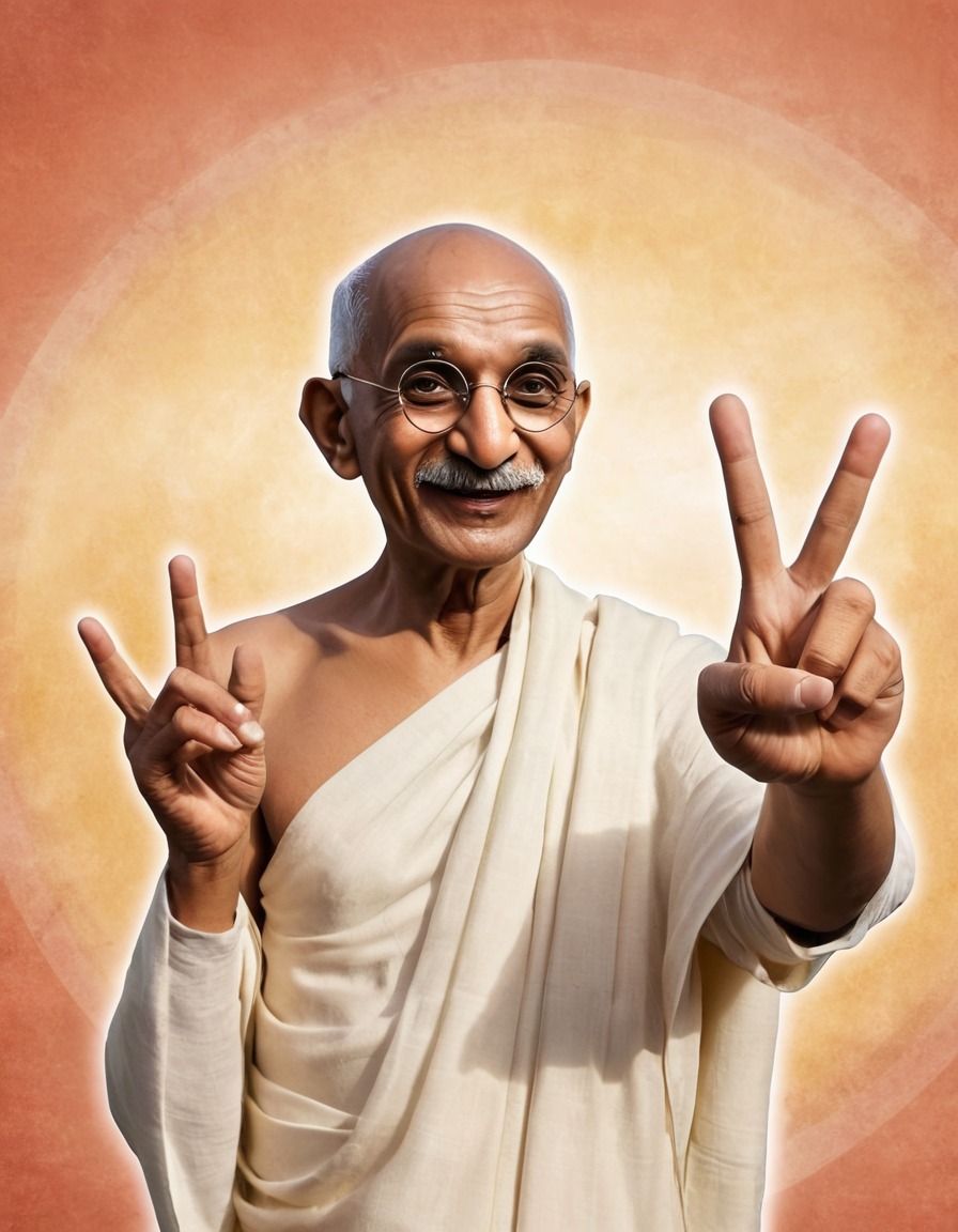 mahatma gandhi, caricature, selfie, peace sign, humor, funny