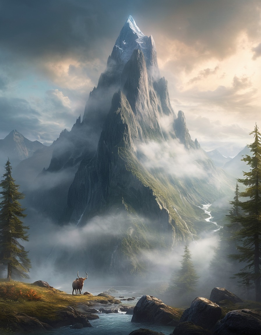 fantasy, mythical beasts, mountain peak, mist, hidden treasures, mythical creatures, fantastic