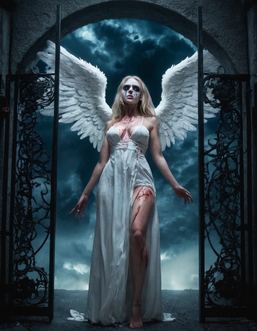 heaven, angels, zombies, female, glowing gates, breathtaking view, afterlife