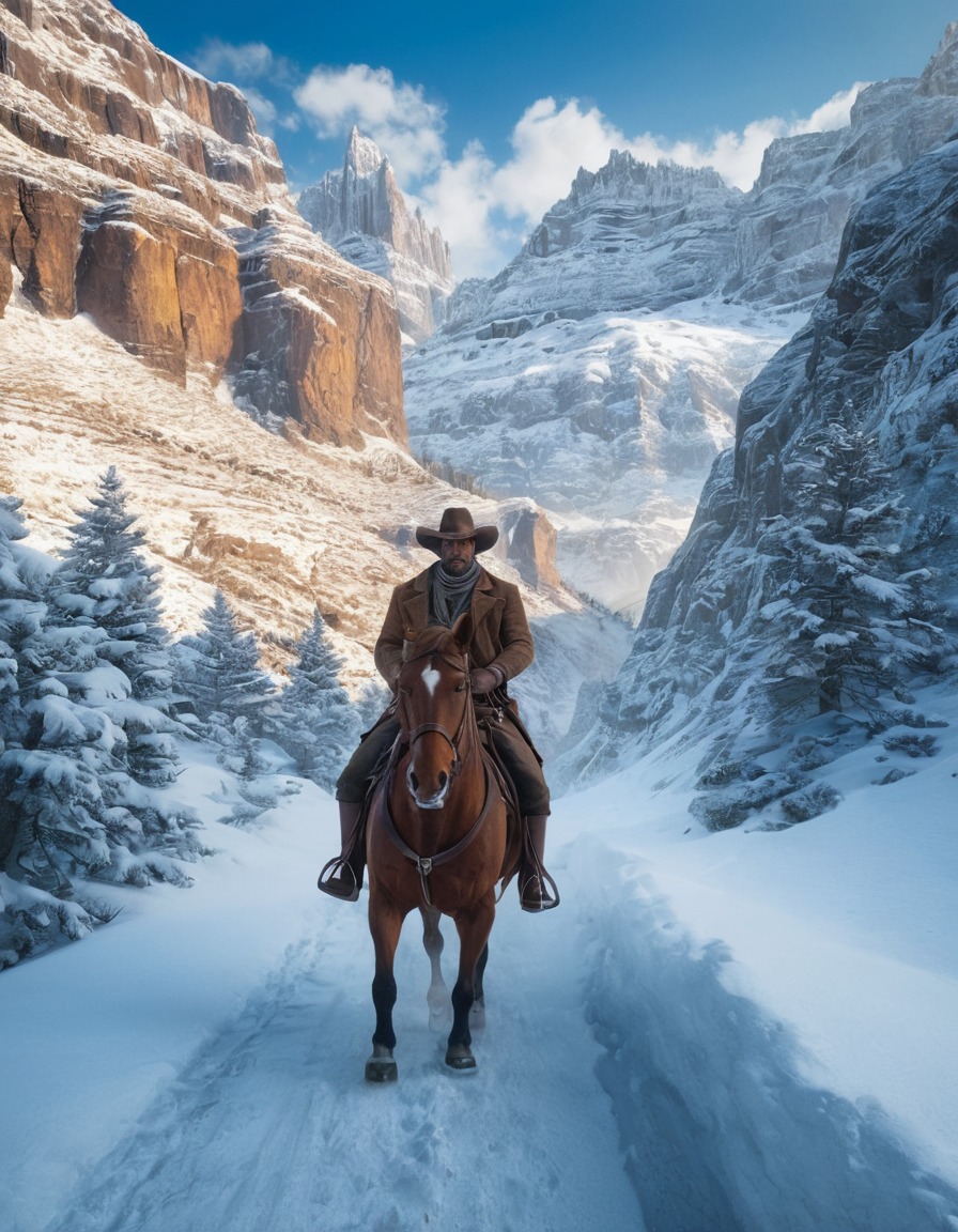 arthur morgan, red dead redemption, cowboy, snowy, mountain, horseback, adventure, computer games