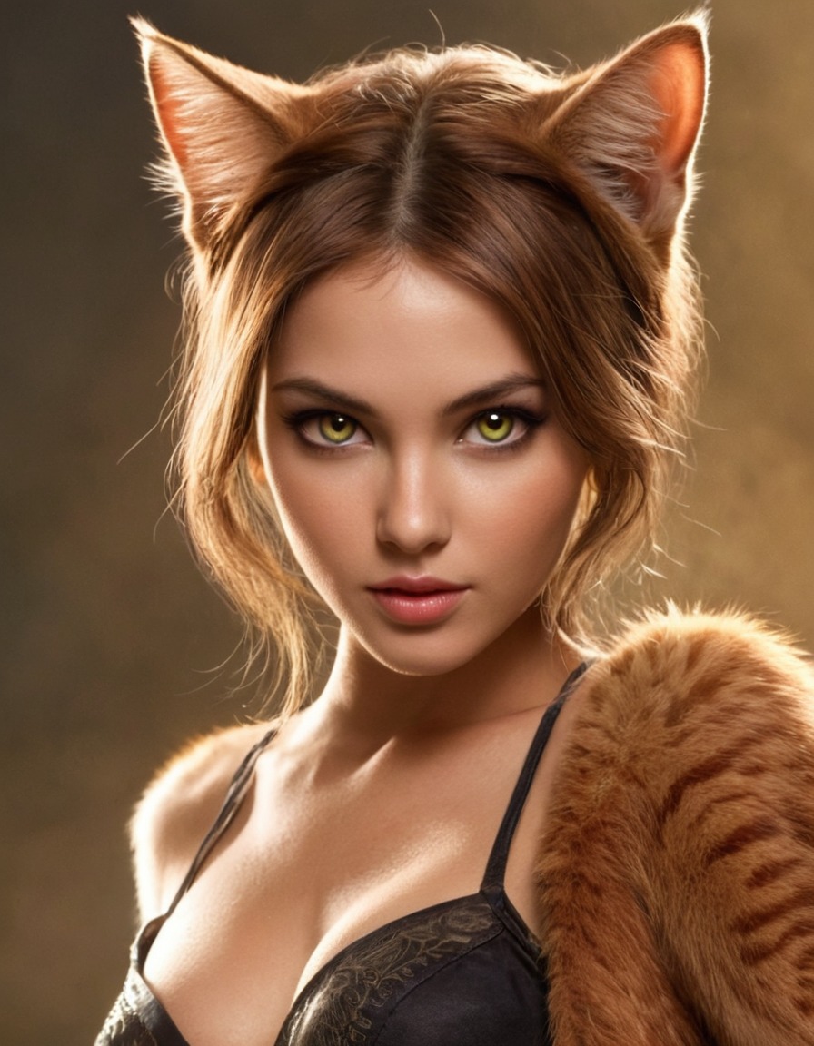 mutations, woman, female, mutated woman, feline features, cat-like eyes, cat ears, tail