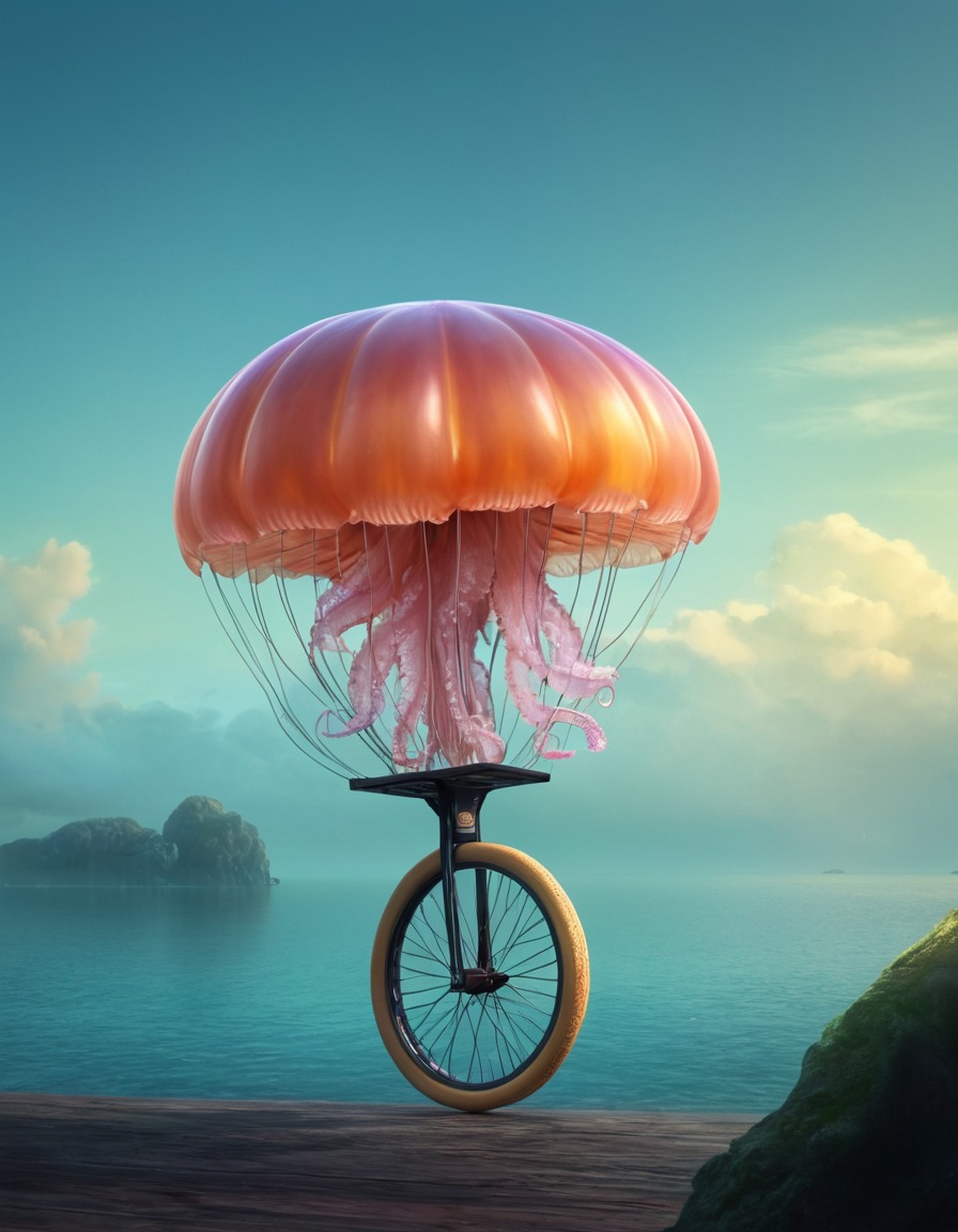 jellyfish, unicycle, strange, oddity, circus, marinelife, peculiar