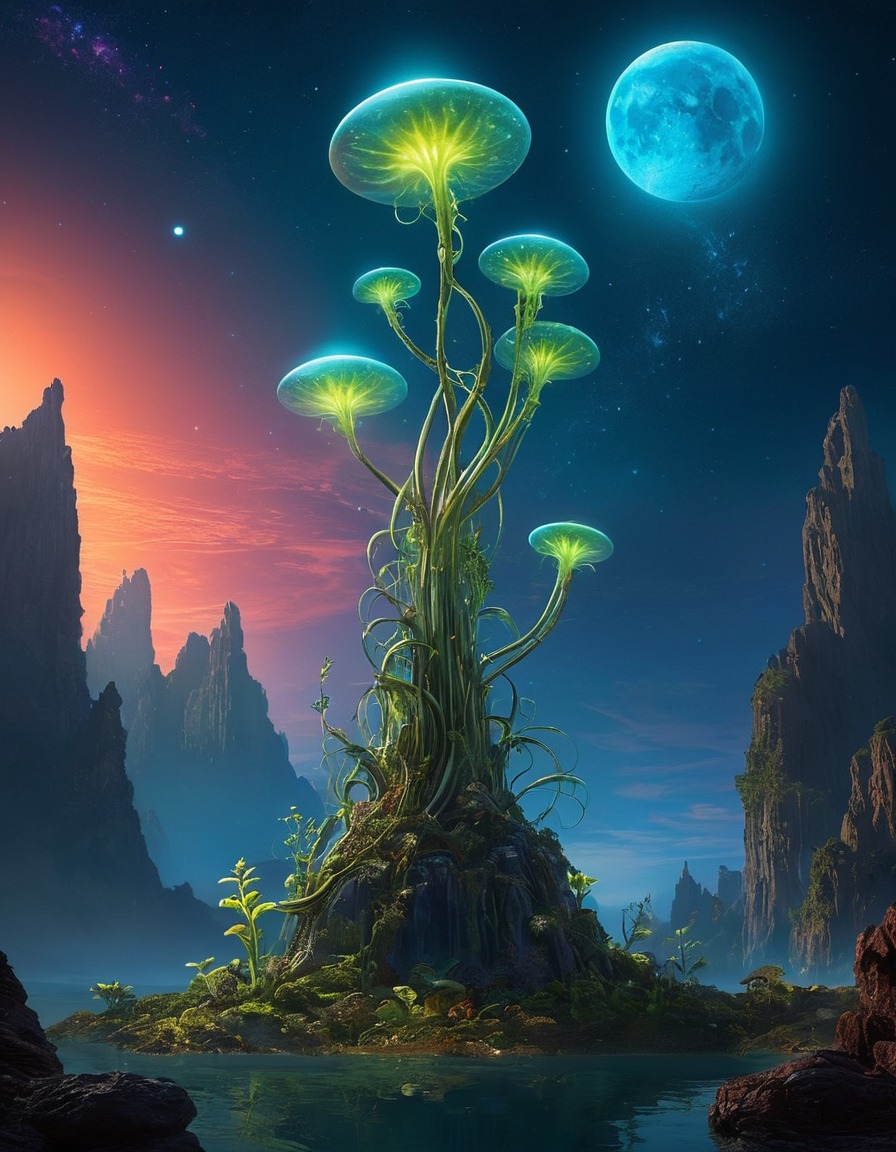 alien planet, bioluminescent plant, towering, melody, multiple moons, extraterrestrial, aliens