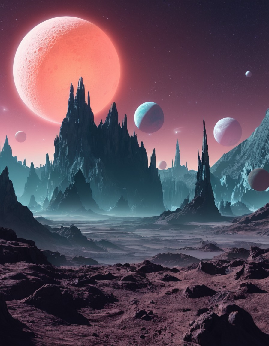 alien world, bizarre landscapes, multiple moons, distant galaxy, science fiction., space, stars