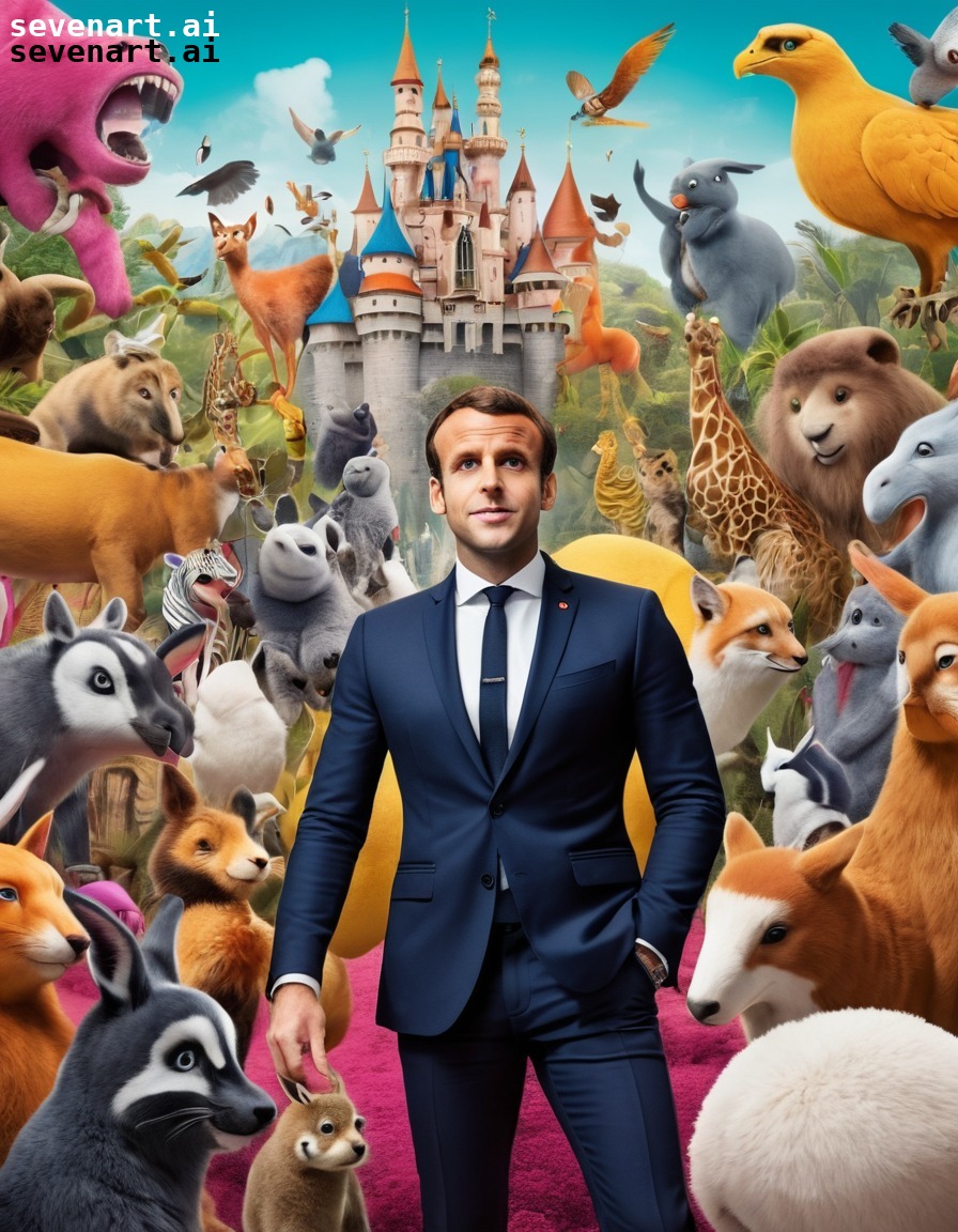 cartoon, wacky, fantasy, anthropomorphic animals, whimsical, emmanuel macron, france