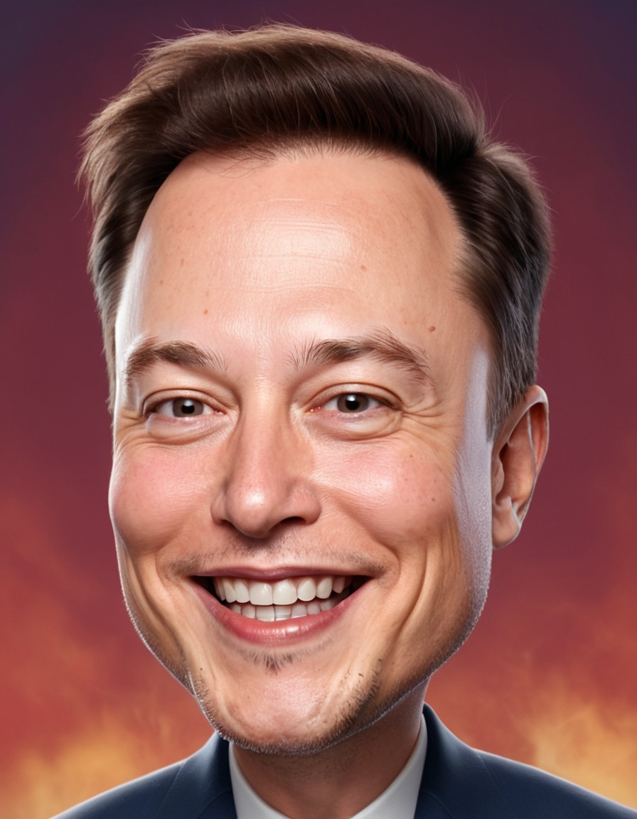 elon musk, caricature, crazy smile, big head