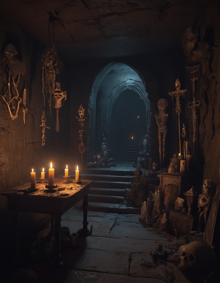 mysterious, candlelit, chamber, eerie, artifacts, symbols, gothic, underground, dark