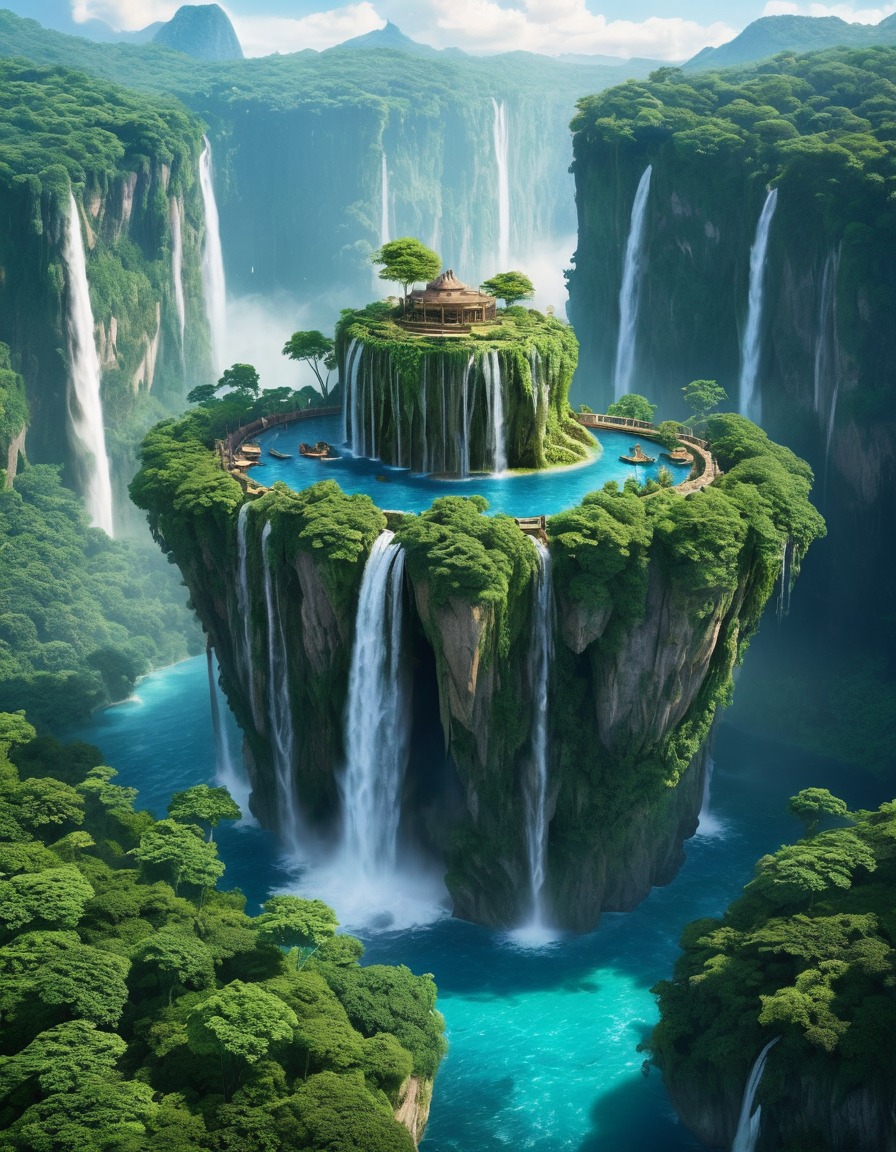 floating island, lush greenery, waterfalls, magical, mystical, fantastic