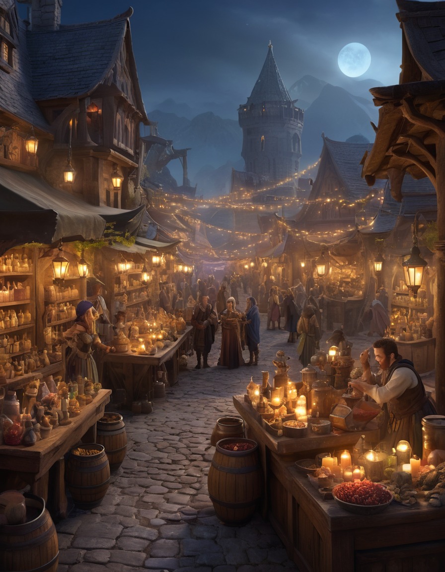 marketplace, potion sellers, spellcasters, mythical creatures, fantasy, magic, enchantments