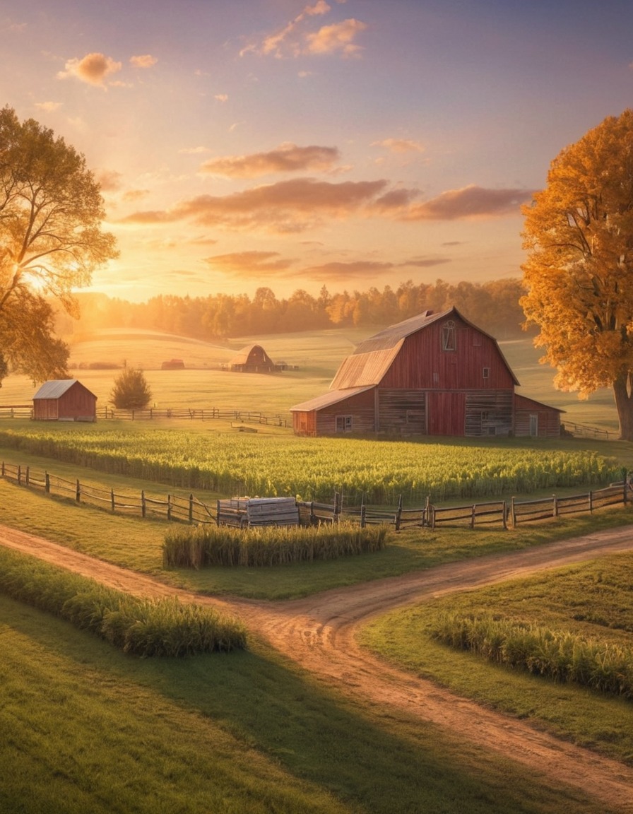 sunrise, farm, barn, rolling fields, peaceful