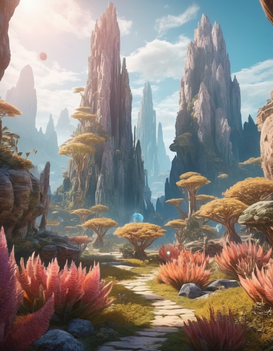 fantasy, otherworldly, landscape, crystal plants, rock formations, extraterrestrial, aliens