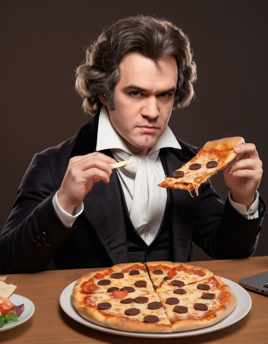 beethoven, pizza, music composition, laptop