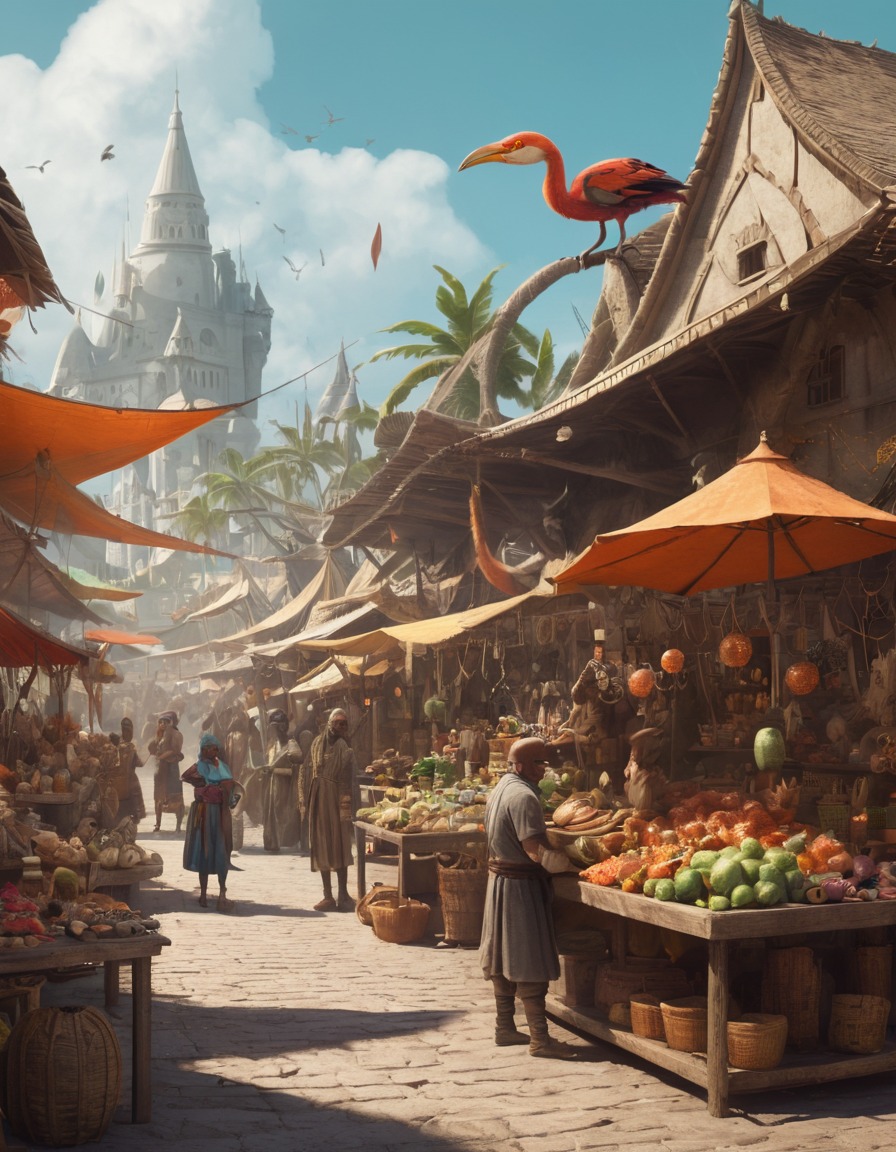 fantasy, whimsical, marketplace, creatures, exotic, fantastic