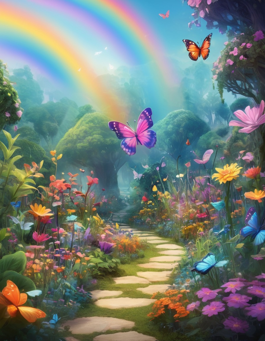 fantasy, magical, garden, pixies, rainbow, fantastic