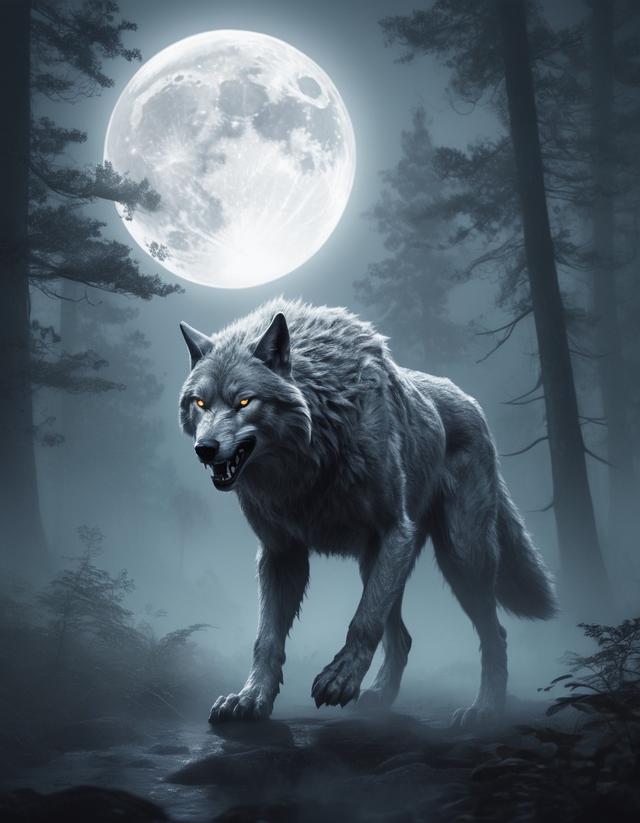 werewolf, silver, forest, full moon, misty