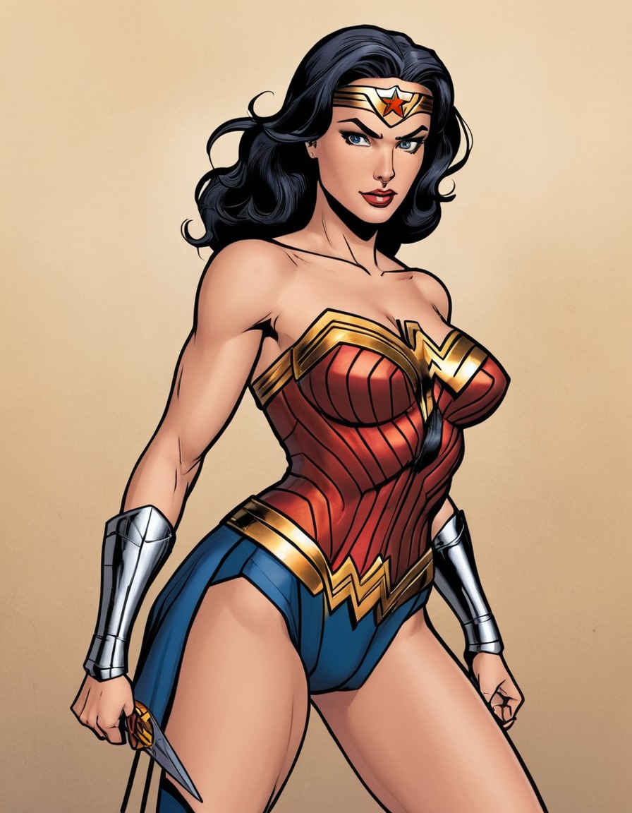 wonder woman, superheroine, comic book character, warrior, battle pose, seductive, powerful, sexy, superhero, painted