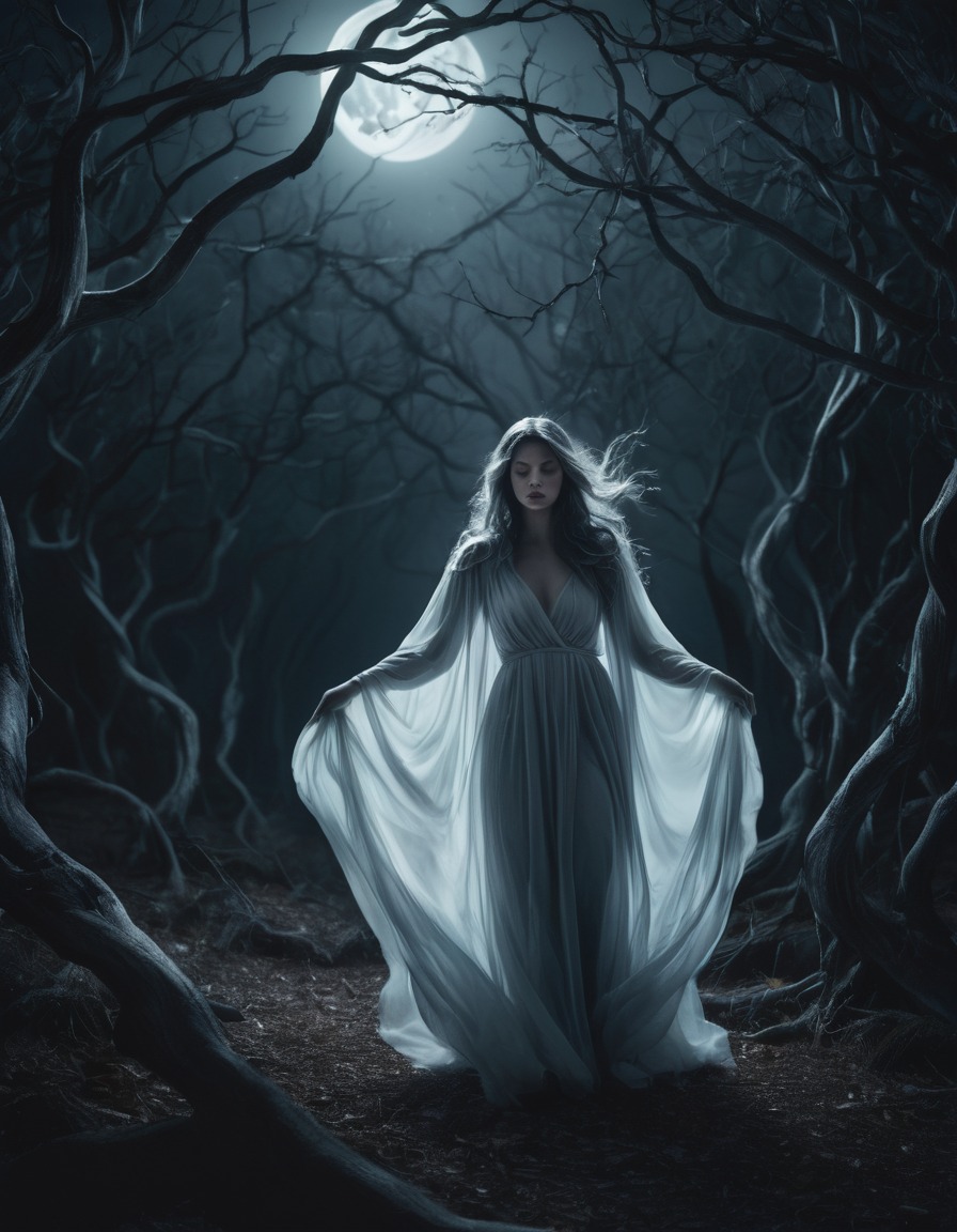 ghost, woman, flowing gown, moonlit, forest, twisted branches, gothic, underground, dark