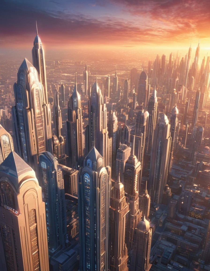 futuristic, cityscape, art deco, skyscrapers, architecture