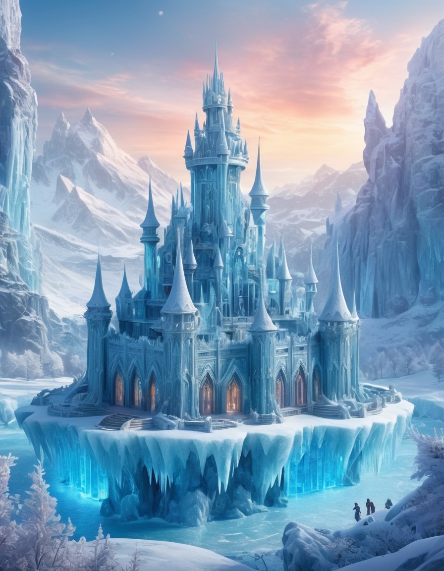 ice palace, mystical creatures, frozen wonderland, fantasy landscape, fantastic