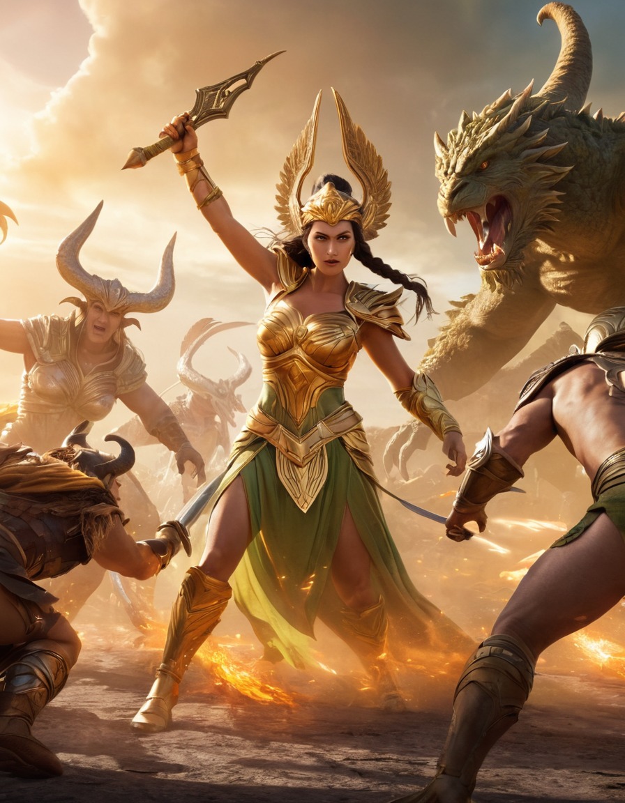 hera, epic, battle scene, monsters, greek mythology, gods, mythical creatures