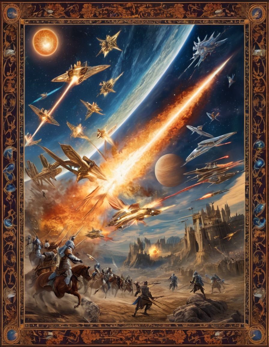 art, space, futuristic, medieval, tapestry, battle