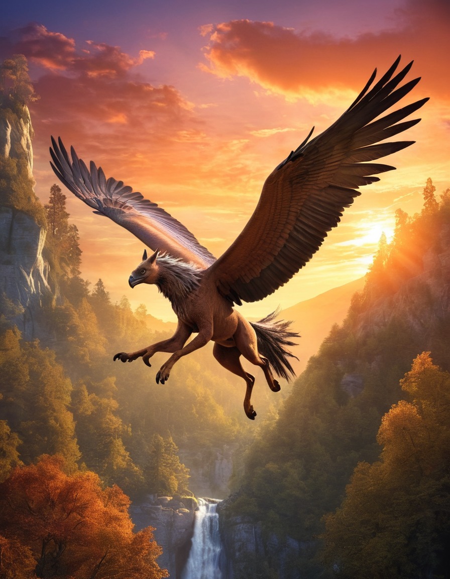 hippogriff, mythical creature, forest, sunset, fantasy, magical