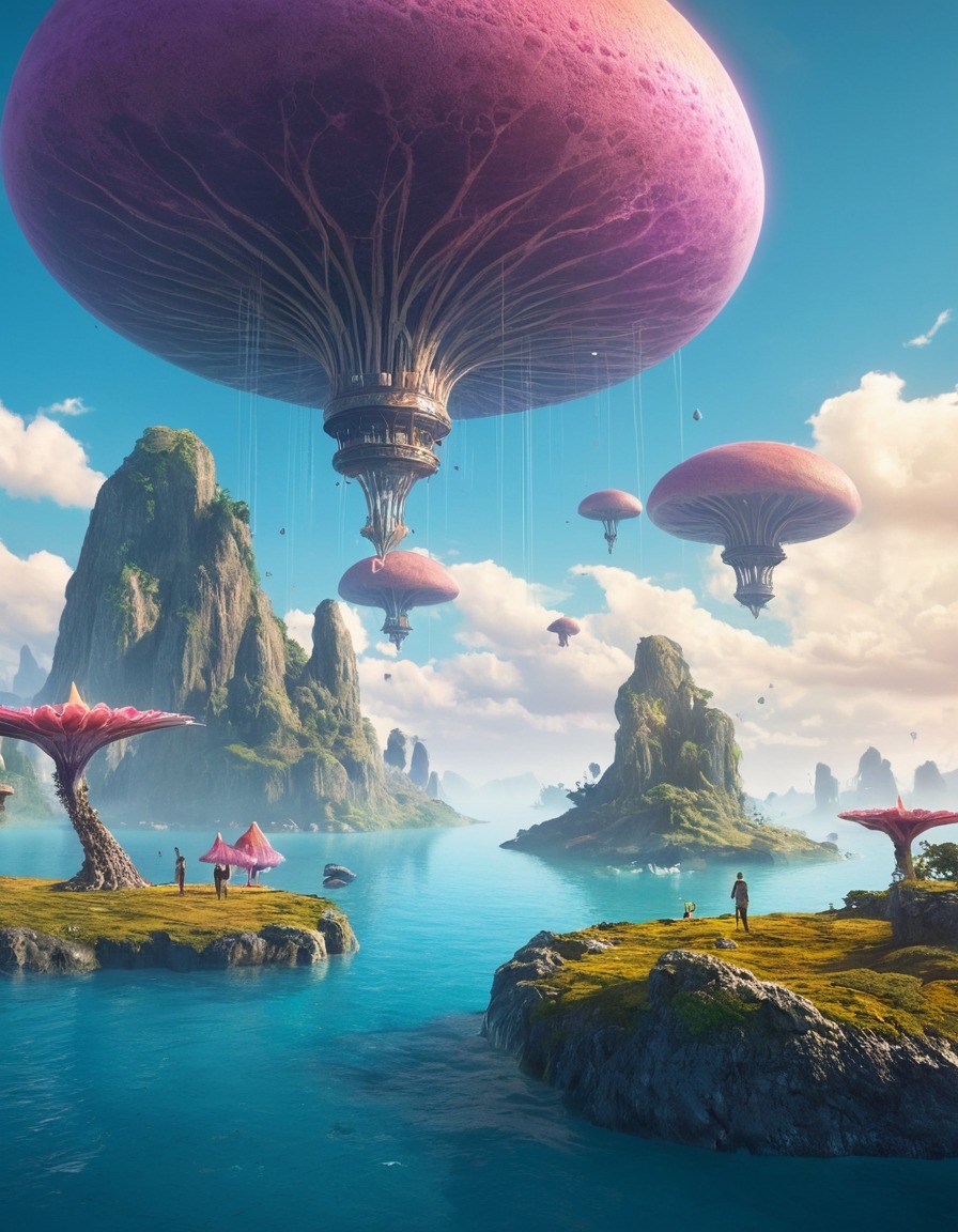 surreal, landscape, floating islands, alien creatures, extraterrestrial, aliens