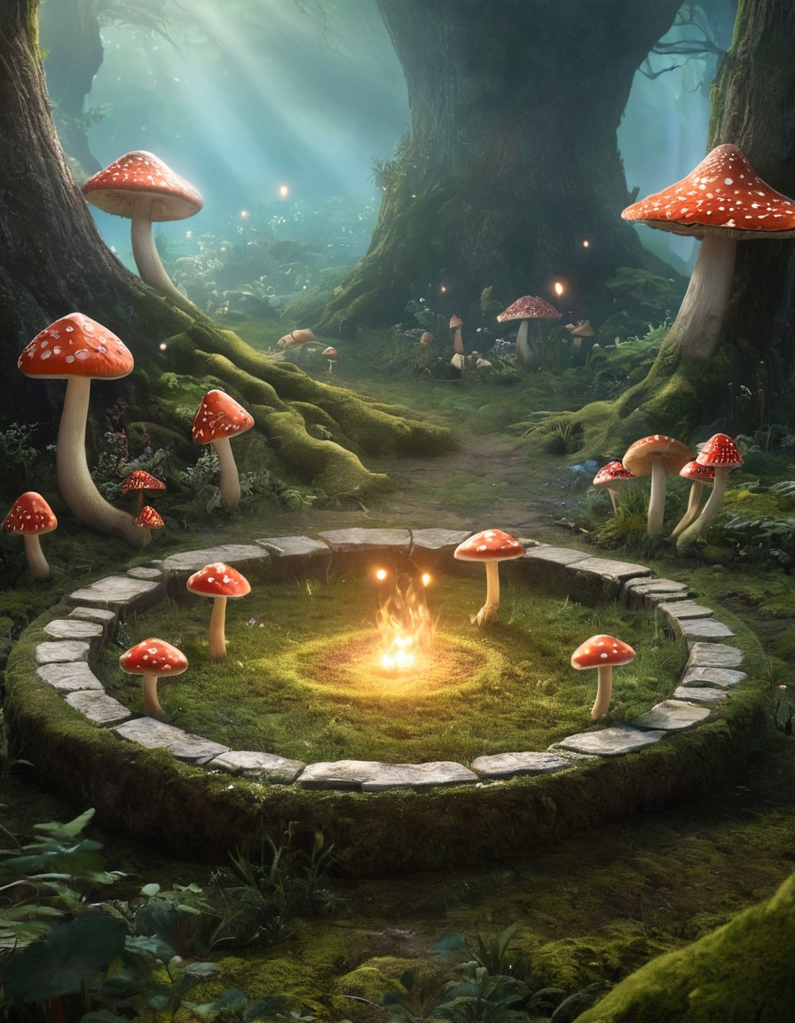 faerie circle, ethereal beings, toadstools, fantasy scene, fairy folklore