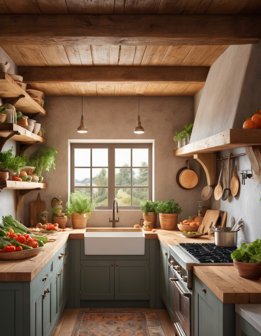 kitchen, farmhouse sink, wooden beams, vegetables, home, interior