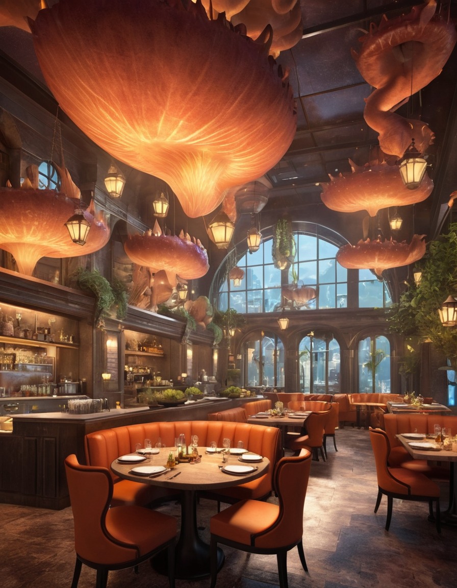 fantasy restaurant, imaginary creatures, fictional city, culinary adventure, magical dining, exotic cuisine, otherworldly atmosphere