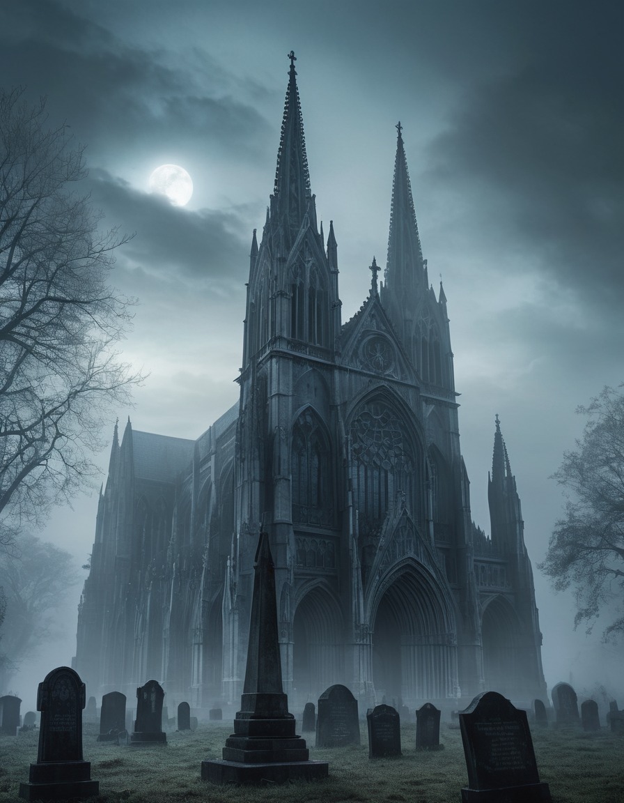 gothic, cathedral, graveyard, misty, eerie, spooky, haunted, architecture