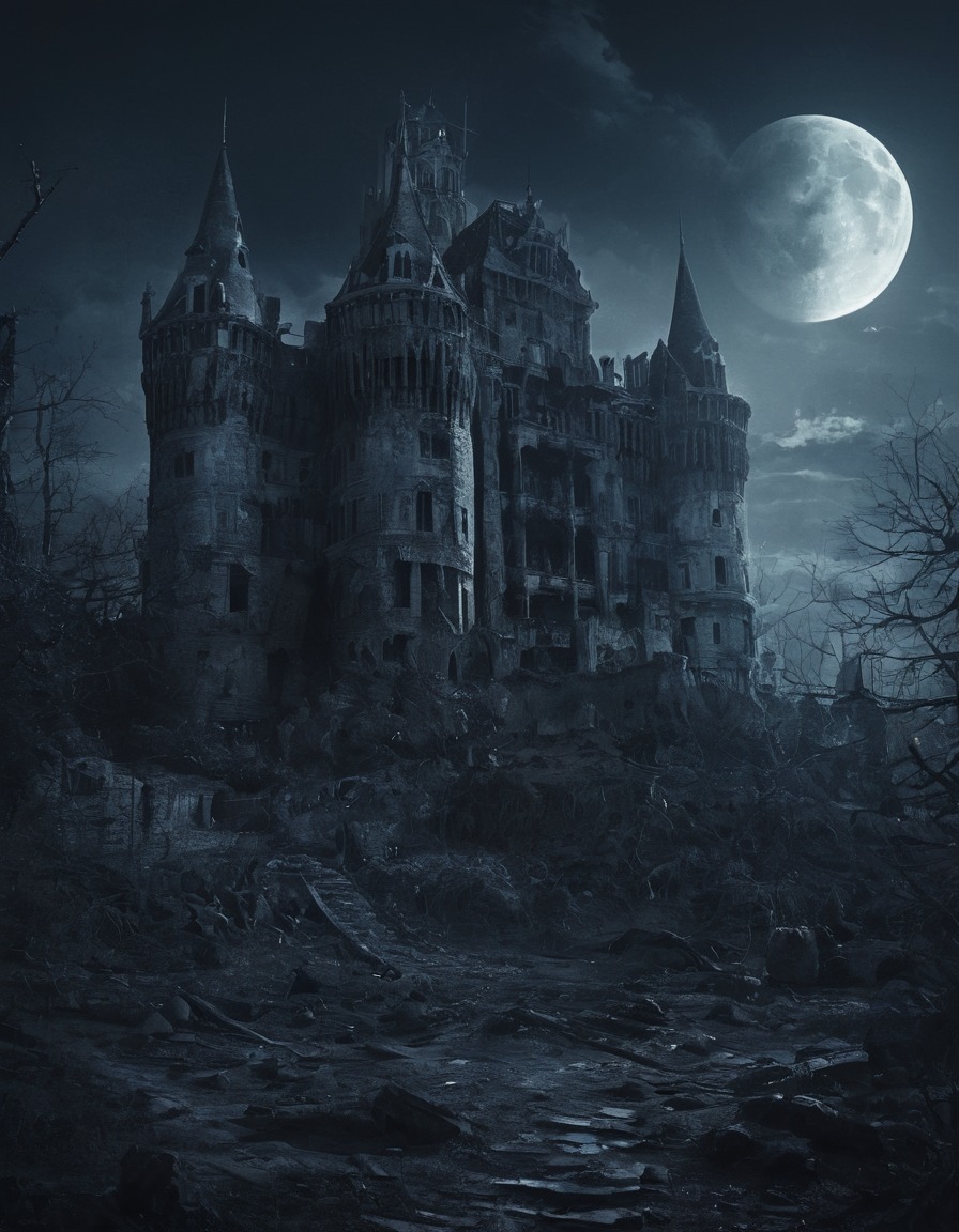 abandoned castle, crumbling, ominous, moonlight, gothic, underground, dark