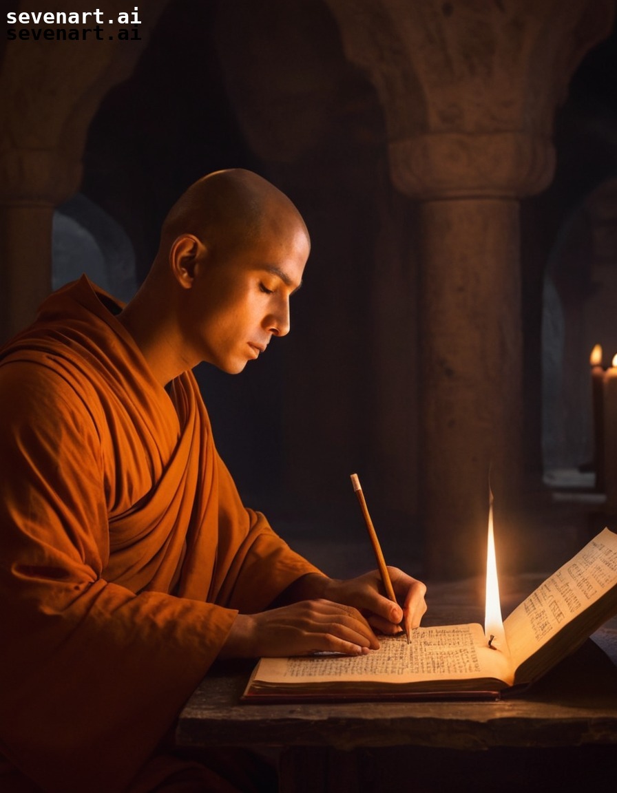 monk, candlelight, transcribing, ancient manuscripts, monastery, middle ages