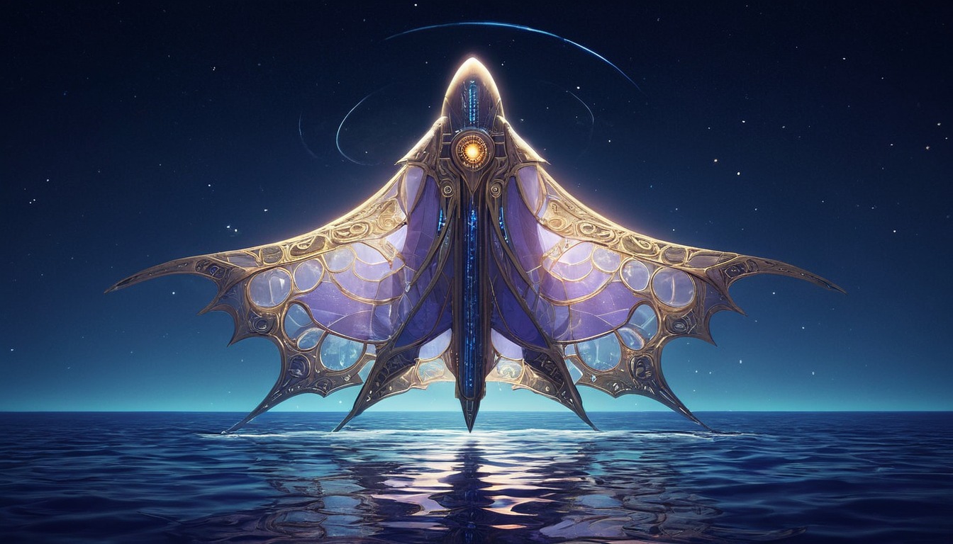 digitalart, character, cloak, dalle3, dnd, fantasy, figure, intricate, landscape, luminescent, manta, ocean, rpg, serene, slender, wings, aiart, cloakwork