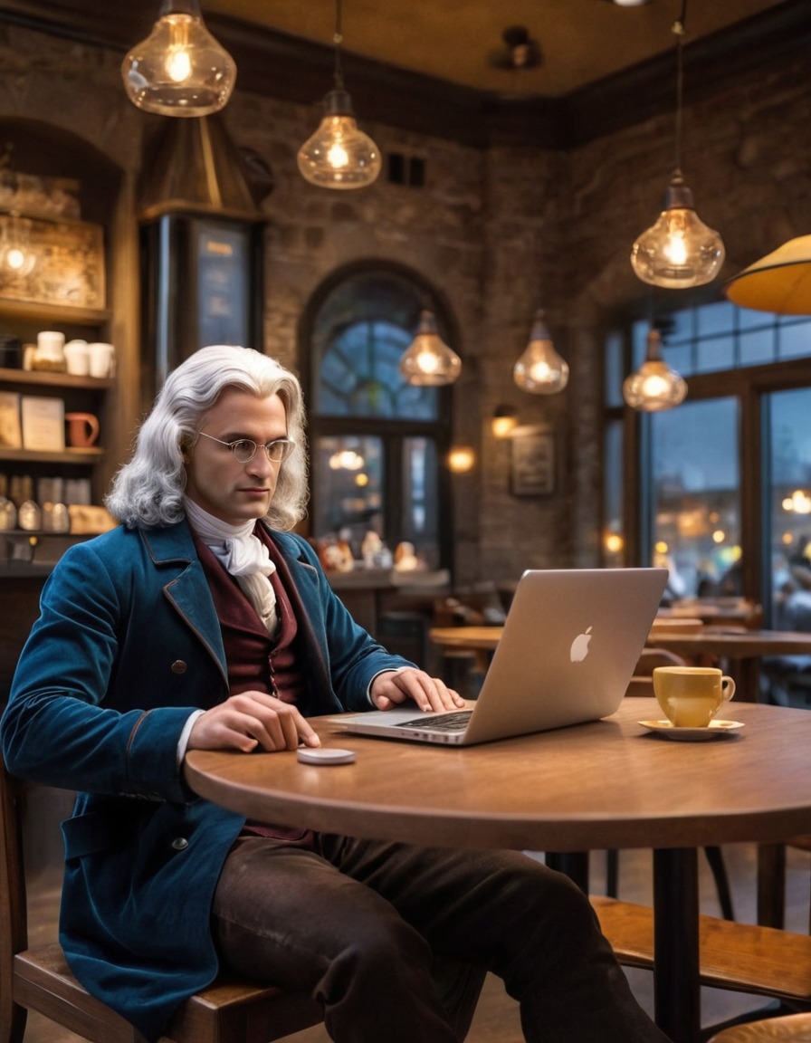 isaac newton, laptop, coffee shop, modern technology, scientist