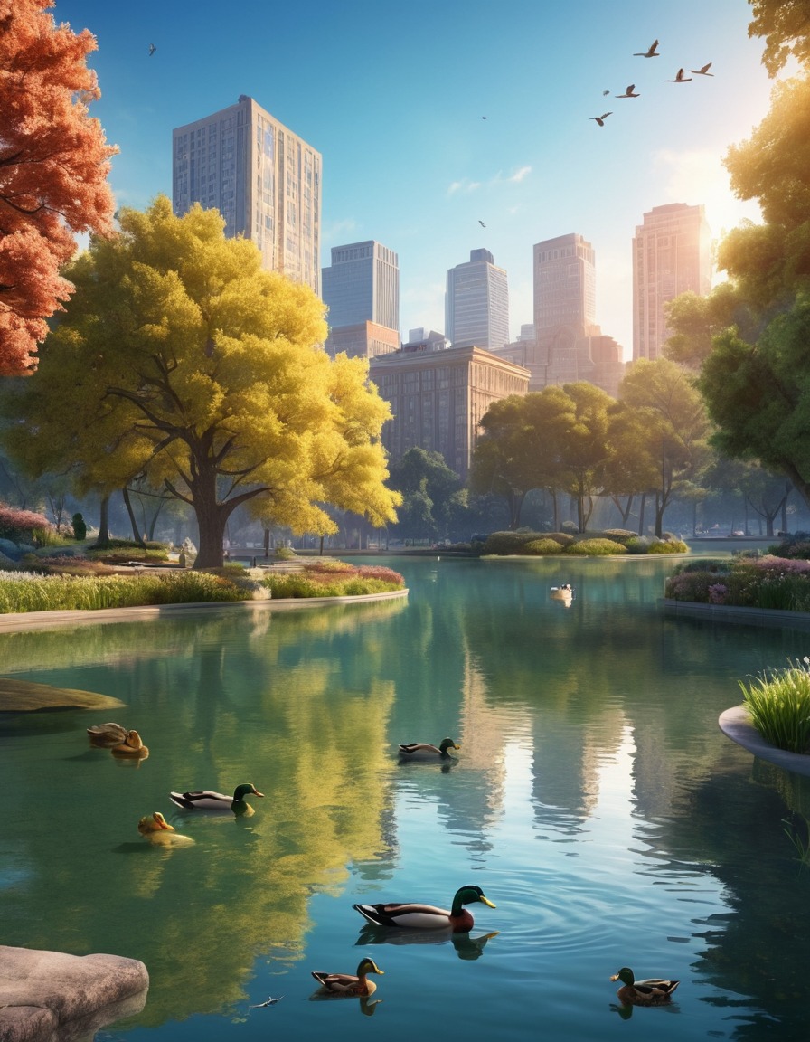 city park, tranquil, ducks, urban setting, serene landscape, nature, city