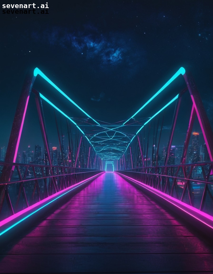 futuristic, bridge, neon lights, night sky, futuristic architecture