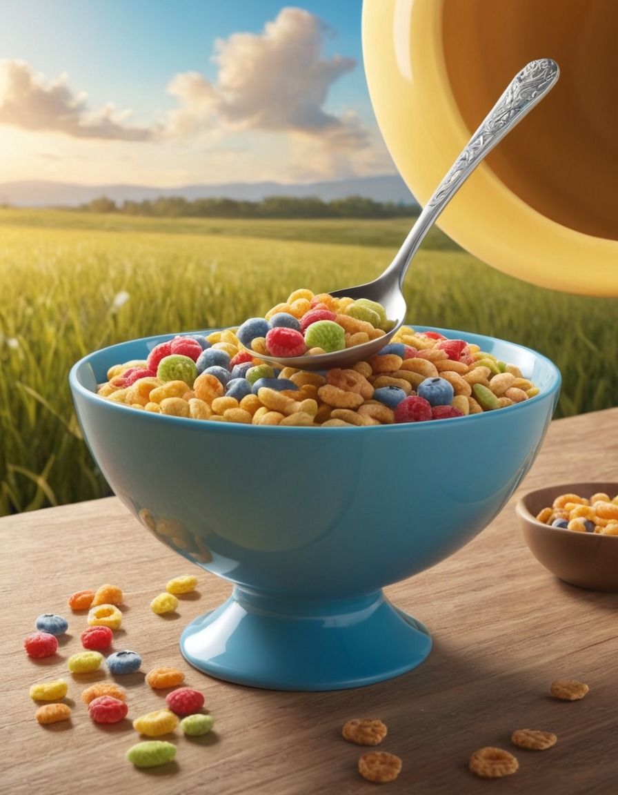 giant spoon, bowl of cereal, chase, humor, fantasy, quirky, absurd