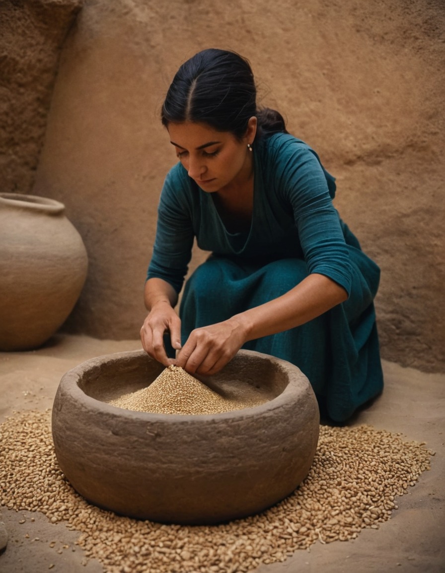 ancient, woman, grinding grains, stone quern, mesopotamia, 3000 bc, food preparation